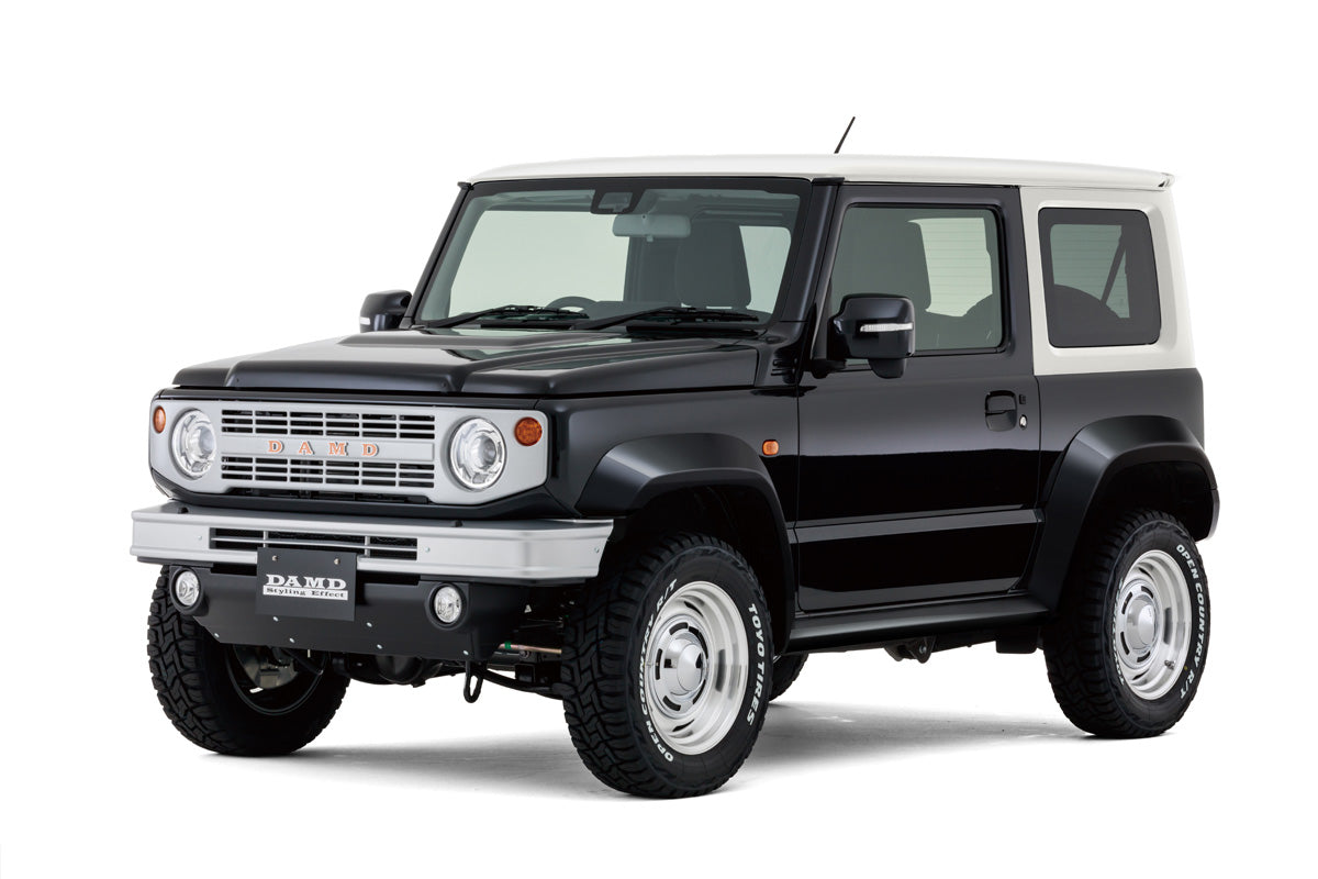 DAMD LITTLE B EXTERIOR 5 PIECE KIT BONNET BLUISH BLACK PEARL 3 FRONT BUMPER COARSE GRAIN SILVER X COARSE GRAIN MATTE BLACK REAR BUMPER JUNGLE GREEN X COARSE GRAIN MATTE BLACK FOR SUZUKI JIMNY SIERRA JB74  DAMD-00045