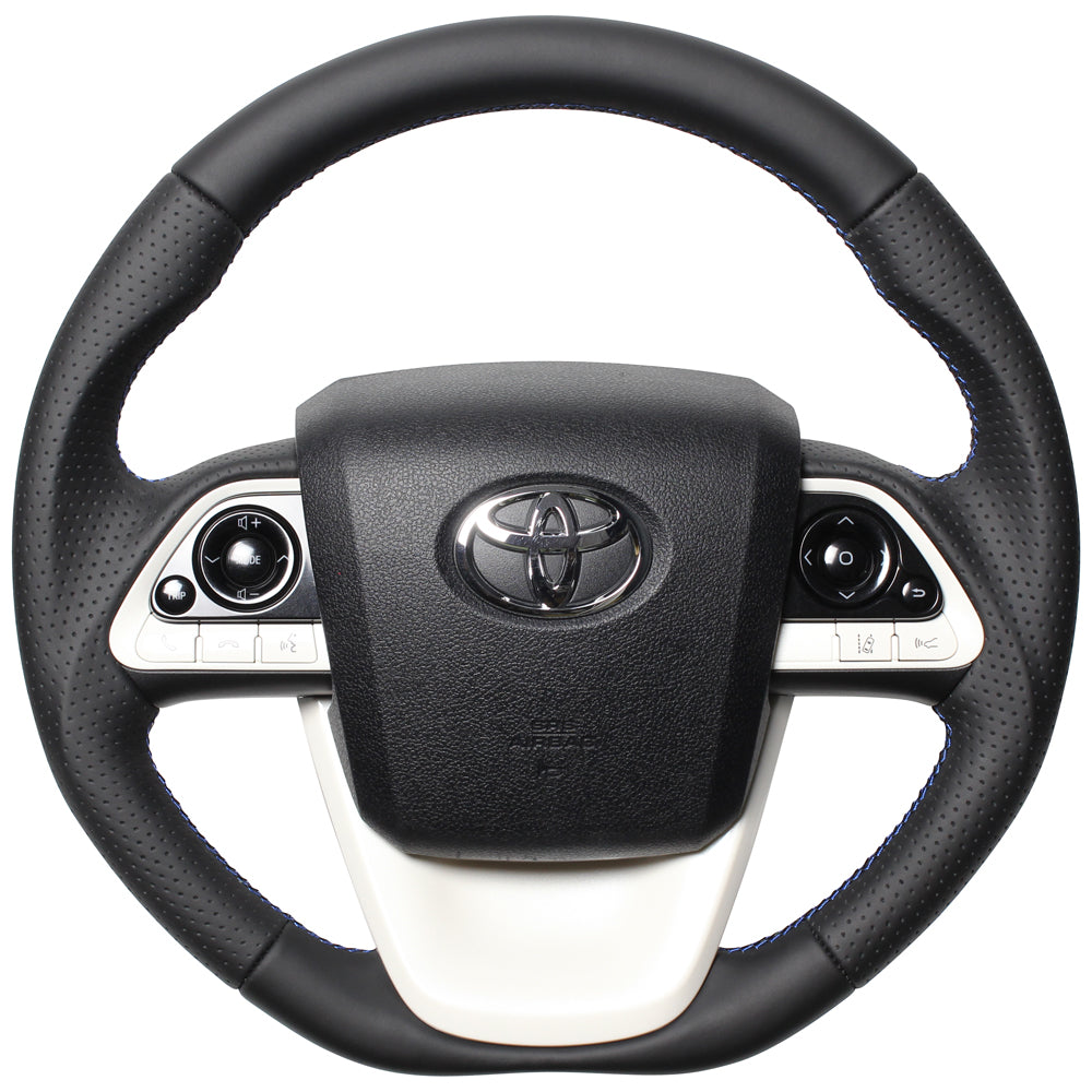 REAL PREMIUM SERIES D SHAPE BLACK NAPPA ALL LEATHER BLUE X BLACK EURO STITCH STEERING WHEEL FOR TOYOTA PRIUS PHV 50  50P-LPB-BL