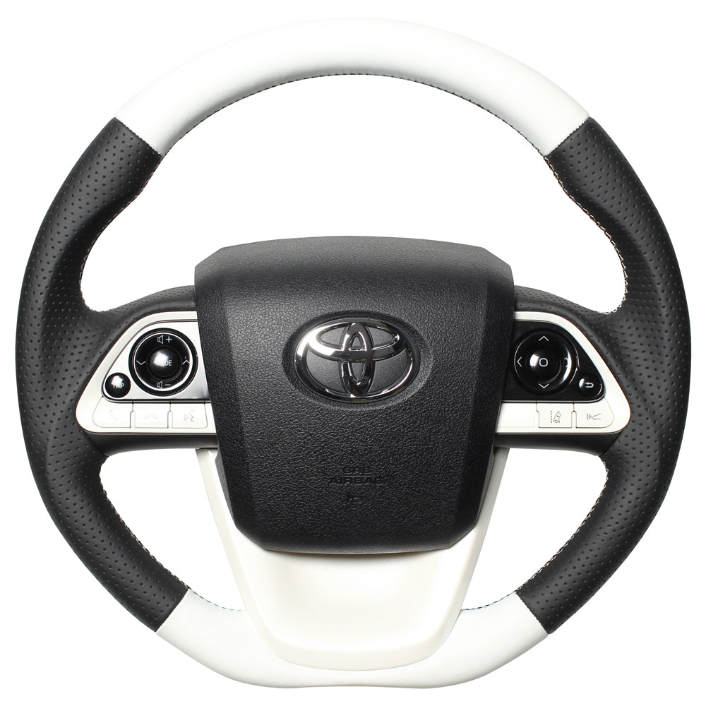 REAL PREMIUM SERIES D SHAPE WHITE & BLACK NAPPA ALL LEATHER WHITE X BLACK EURO STITCH STEERING WHEEL FOR TOYOTA MIRAI 10  50P-LPB-WH
