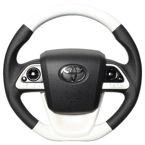 REAL PREMIUM SERIES D SHAPE WHITE & BLACK NAPPA ALL LEATHER WHITE X BLACK EURO STITCH STEERING WHEEL FOR TOYOTA MIRAI 10  50P-LPB-WH