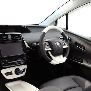 REAL PREMIUM SERIES D SHAPE WHITE & BLACK NAPPA ALL LEATHER WHITE X BLACK EURO STITCH STEERING WHEEL FOR TOYOTA MIRAI 10  50P-LPB-WH