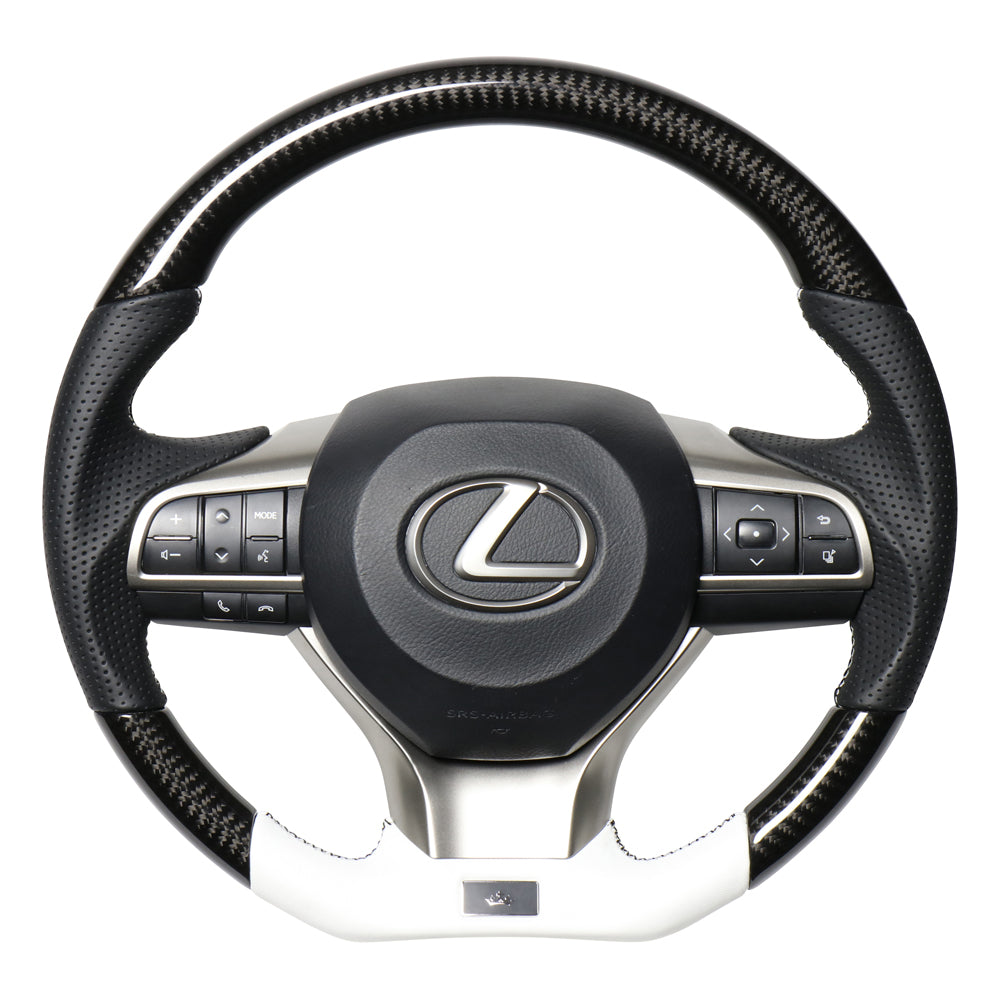 REAL LEXUS SERIES D SHAPE BLACK CARBON & WHITE LEATHER WHITE X BLACK EURO STITCH STEERING WHEEL FOR LEXUS RX 20  LXA-BKC-WH