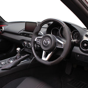 REAL ORIGINAL SERIES GUN GRIP SMALL DIAMETER D SHAPE BLACK CARBON DARK WINE X BLACK EURO STITCH STEERING WHEEL FOR MAZDA ROADSTER ND5RC  MZC-BKC-DW