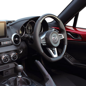 REAL ORIGINAL SERIES GUN GRIP SMALL DIAMETER D SHAPE BLACK CARBON DARK WINE X BLACK EURO STITCH STEERING WHEEL FOR MAZDA ROADSTER ND5RC  MZC-BKC-DW
