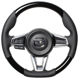 REAL ORIGINAL SERIES GUN GRIP SMALL DIAMETER D SHAPE PIANO BLACK BLACK EURO STITCH STEERING WHEEL FOR MAZDA ROADSTER ND5RC  MZC-PBW-BK