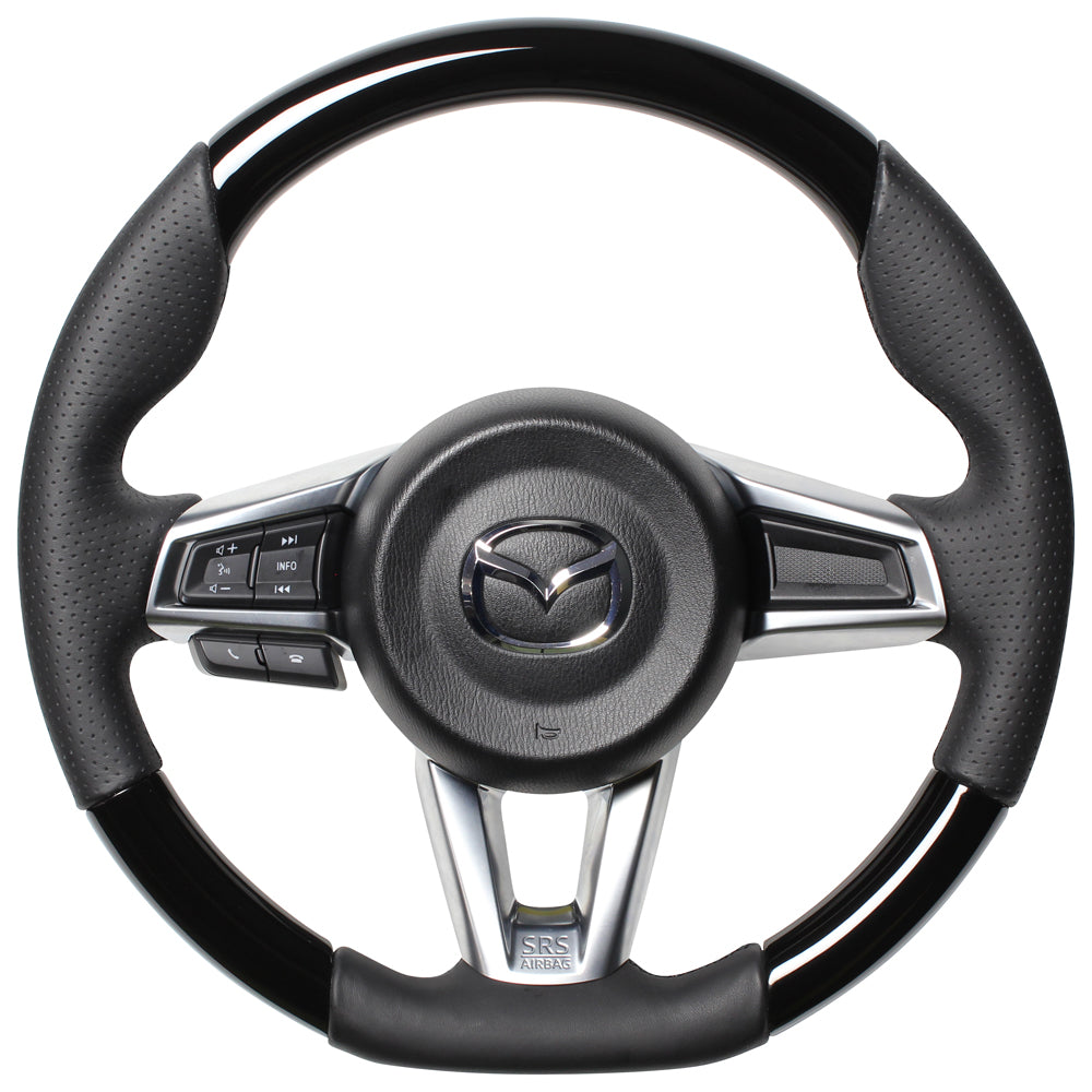 REAL ORIGINAL SERIES GUN GRIP SMALL DIAMETER D SHAPE PIANO BLACK BLACK EURO STITCH STEERING WHEEL FOR MAZDA ROADSTER RF NDERC  MZC-PBW-BK