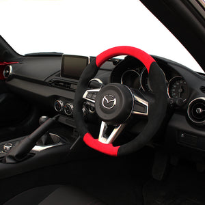 REAL ORIGINAL SERIES GUN GRIP SMALL DIAMETER D SHAPE RED & BLACK ULTRA SUEDE BLACK EURO STITCH STEERING WHEEL FOR MAZDA ROADSTER ND5RC  MZC-ALC-BK