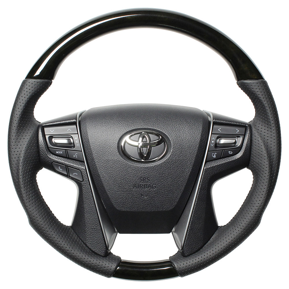 REAL PREMIUM SERIES ROUND SHAPE BLACK WOOD BLACK EURO STITCH STEERING WHEEL FOR TOYOTA CROWN ROYAL 210  H30P-BKW-BK