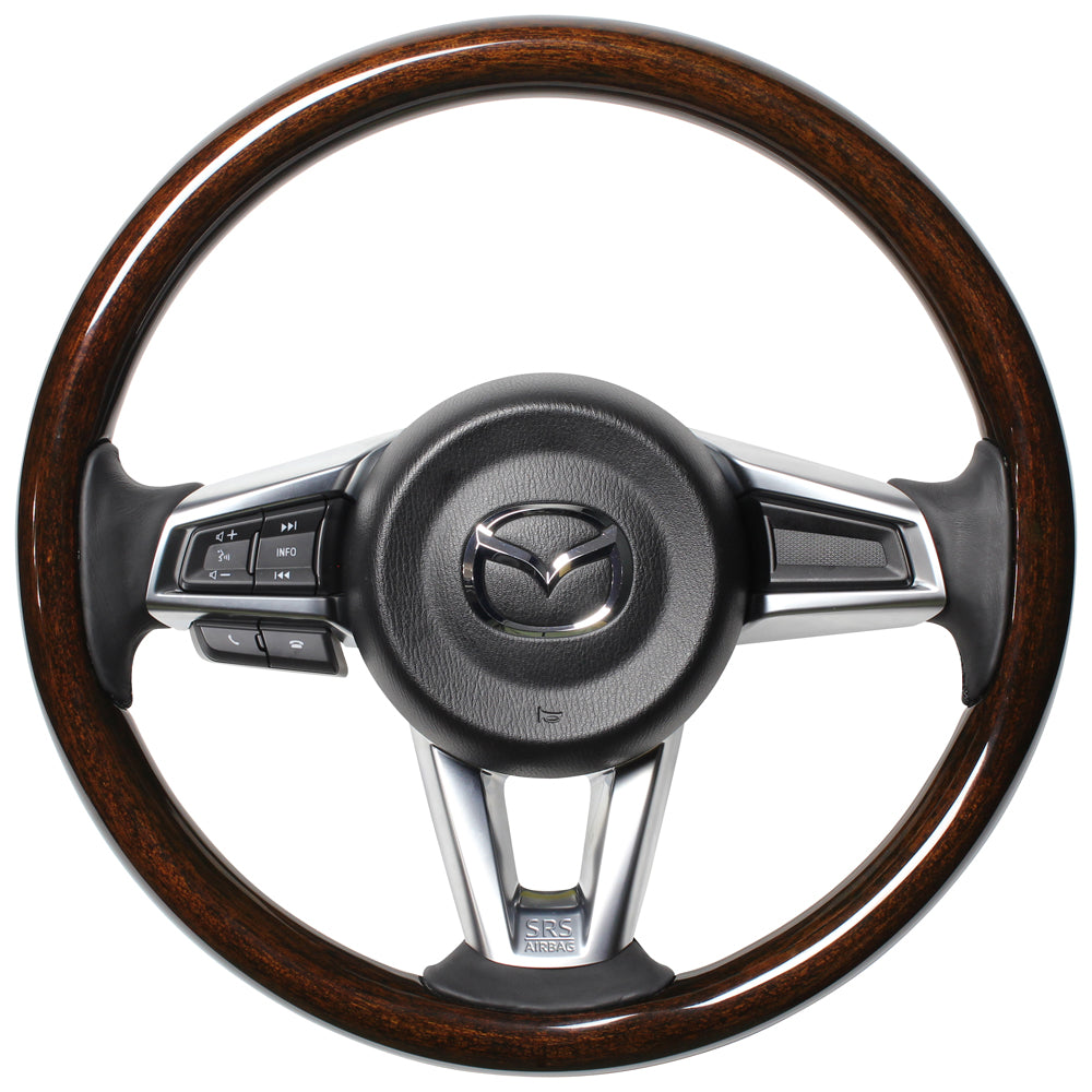 REAL ORIGINAL SERIES ALL WOOD ROUND SHAPE 16 DARK BROWN WOOD BLACK EURO STITCH STEERING WHEEL FOR MAZDA ROADSTER RF NDERC  MZCW-BRW-BK
