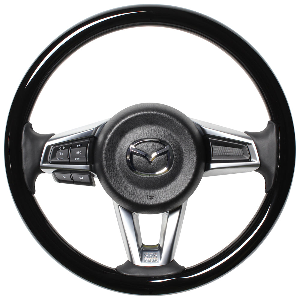 REAL ORIGINAL SERIES ALL WOOD ROUND SHAPE PIANO BLACK BLACK EURO STITCH STEERING WHEEL FOR MAZDA ROADSTER ND5RC  MZCW-PBW-BK