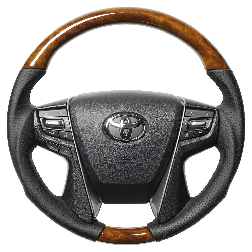 REAL PREMIUM SERIES ROUND SHAPE 42 BROWN WOOD BLACK EURO STITCH STEERING WHEEL FOR TOYOTA CROWN ATHLETE 210  H30P-LBW-BK
