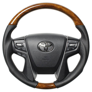 REAL PREMIUM SERIES ROUND SHAPE 42 BROWN WOOD BLACK EURO STITCH STEERING WHEEL FOR TOYOTA LAND CRUISER PRADO 150 : KOUKI  H30P-LBW-BK