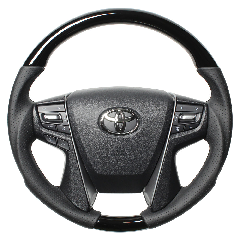 REAL PREMIUM SERIES ROUND SHAPE PIANO BLACK BLACK EURO STITCH STEERING WHEEL FOR TOYOTA LAND CRUISER 200 : KOUKI  H30P-PBW-BK