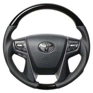 REAL PREMIUM SERIES ROUND SHAPE PIANO BLACK BLACK EURO STITCH STEERING WHEEL FOR TOYOTA LAND CRUISER PRADO 150 : KOUKI  H30P-PBW-BK