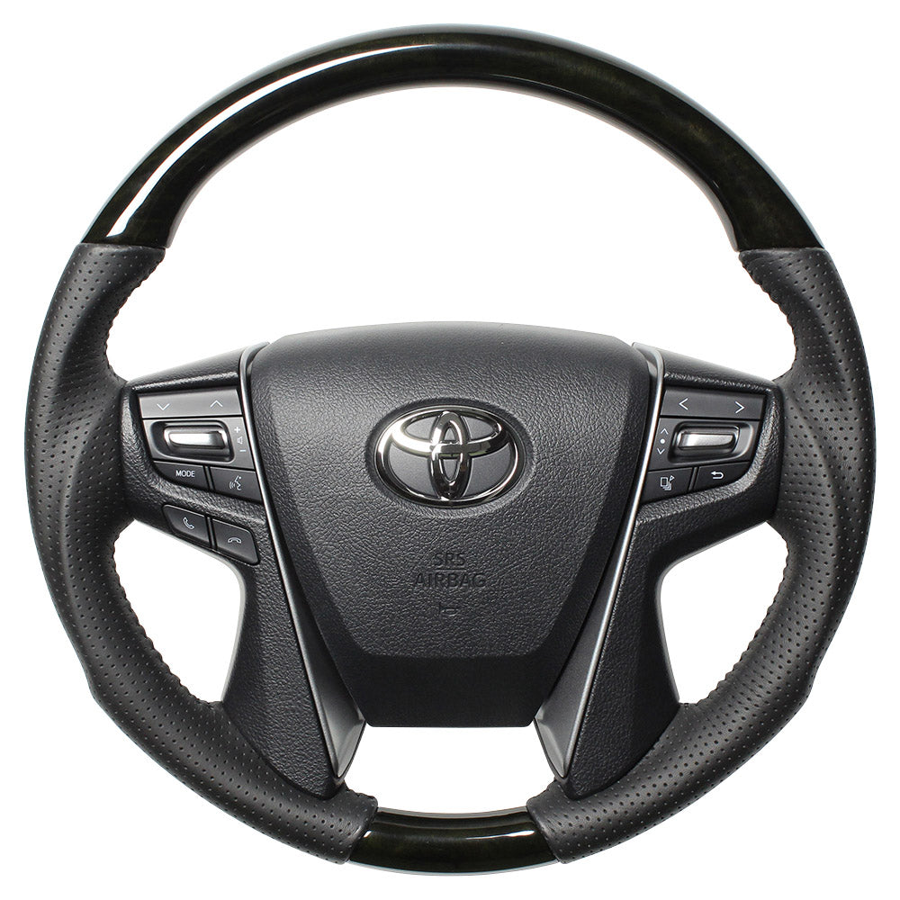 REAL ORIGINAL SERIES ROUND SHAPE BLACK WOOD BLACK STITCH STEERING WHEEL FOR TOYOTA CROWN MAJESTA 210  H30-BKW-BK