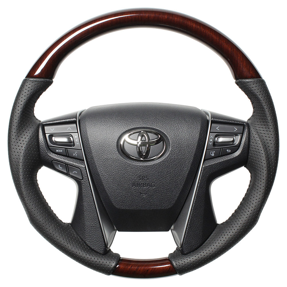 REAL ORIGINAL SERIES ROUND SHAPE 56 BROWN WOOD BLACK STITCH STEERING WHEEL FOR TOYOTA CROWN ATHLETE 210  H30-BRW-BK
