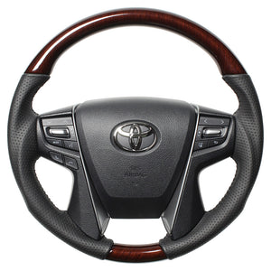 REAL ORIGINAL SERIES ROUND SHAPE 56 BROWN WOOD BLACK STITCH STEERING WHEEL FOR TOYOTA VELLFIRE 30  H30-BRW-BK