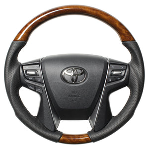 REAL ORIGINAL SERIES ROUND SHAPE 42 BROWN WOOD BLACK STITCH STEERING WHEEL FOR TOYOTA LAND CRUISER PRADO 150 : KOUKI  H30-LBW-BK