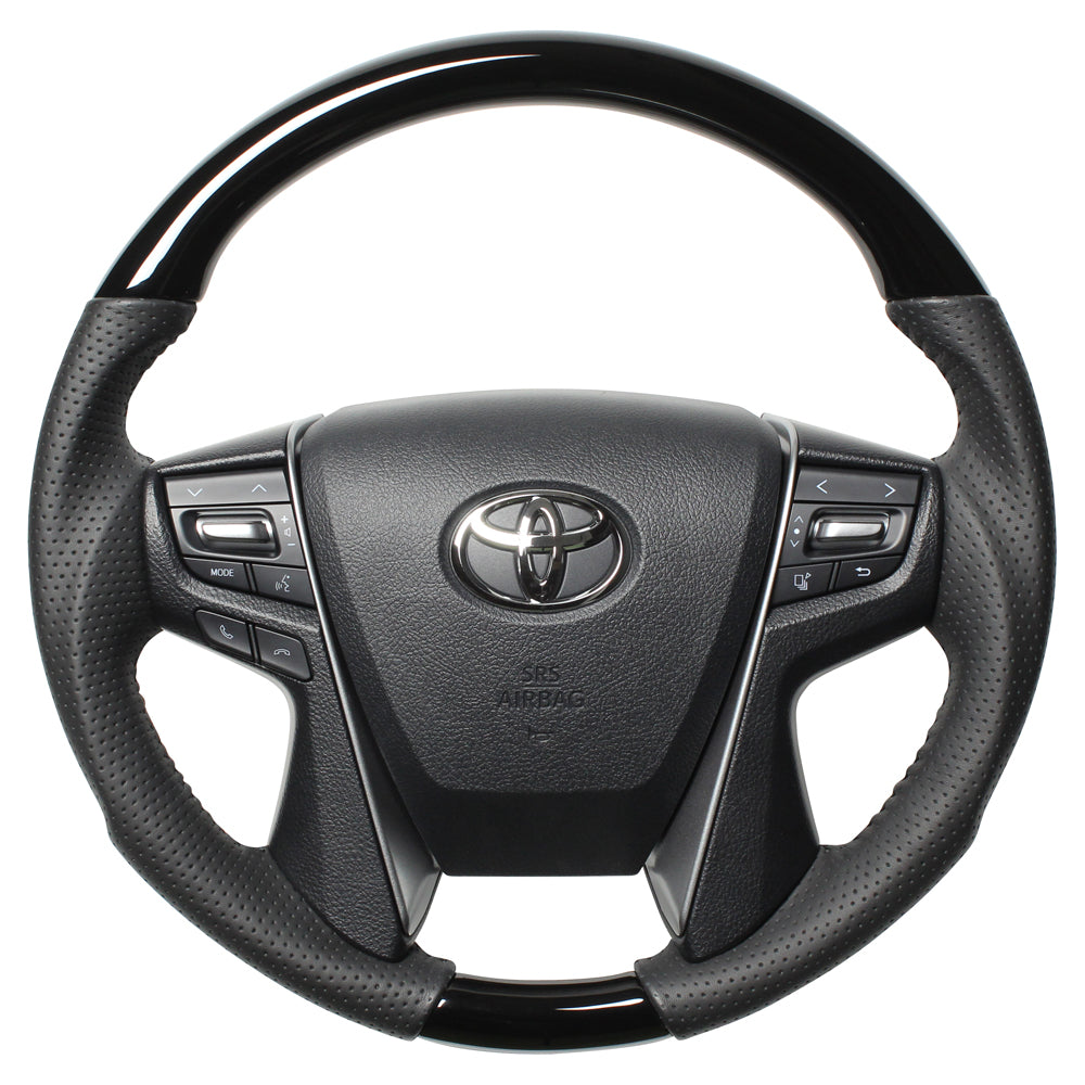 REAL ORIGINAL SERIES ROUND SHAPE PIANO BLACK BLACK STITCH STEERING WHEEL FOR TOYOTA ALPHARD 30  H30-PBW-BK
