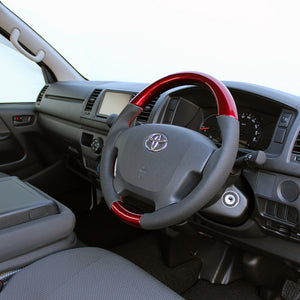 REAL ORIGINAL SERIES GUN GRIP SMALL DIAMETER ROUND SHAPE PEARL RED RED X BLACK EURO STITCH STEERING WHEEL FOR TOYOTA REGIUS ACE 200 : 4 TYPE OR KOUKI  H214-RDW-RD