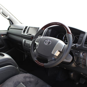 REAL ORIGINAL SERIES GUN GRIP GENUINE SAME DIAMETER ROUND SHAPE BROWN WOOD BLACK EURO STITCH STEERING WHEEL FOR TOYOTA REGIUS ACE 200 : 4 TYPE OR KOUKI  H204-BRW-BK