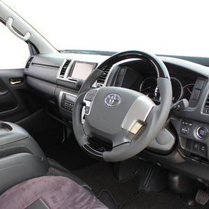 REAL ORIGINAL SERIES GUN GRIP GENUINE SAME DIAMETER ROUND SHAPE PIANO BLACK BLACK EURO STITCH STEERING WHEEL FOR TOYOTA REGIUS ACE 200 : 4 TYPE OR KOUKI  H204-PBW-BK