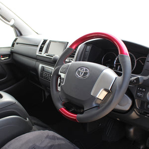 REAL ORIGINAL SERIES GUN GRIP GENUINE SAME DIAMETER ROUND SHAPE PEARL RED RED X BLACK EURO STITCH STEERING WHEEL FOR TOYOTA REGIUS ACE 200 : 4 TYPE OR KOUKI  H204-RDW-RD