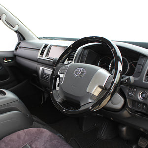 REAL ORIGINAL SERIES ALL WOOD ROUND SHAPE PIANO BLACK STUDS BLACK EURO STITCH STEERING WHEEL FOR TOYOTA HIACE 200 : 4 TYPE OR KOUKI  J200-PBWM-BK