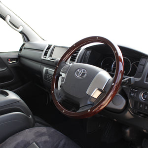 REAL ORIGINAL SERIES ALL WOOD ROUND SHAPE DARK BROWN WOOD STUDS BLACK EURO STITCH STEERING WHEEL FOR TOYOTA HIACE 200 : 4 TYPE OR KOUKI  J200-BRWM-BK