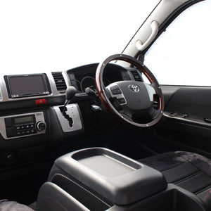 REAL ORIGINAL SERIES ALL WOOD ROUND SHAPE DARK BROWN WOOD STUDS BLACK EURO STITCH STEERING WHEEL FOR TOYOTA HIACE 200 : 4 TYPE OR KOUKI  J200-BRWM-BK
