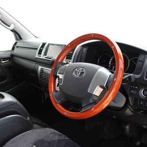 REAL ORIGINAL SERIES ALL WOOD ROUND SHAPE LIGHT BROWN WOOD STUDS BLACK EURO STITCH STEERING WHEEL FOR TOYOTA REGIUS ACE 200 : 4 TYPE OR KOUKI  J200-LBWM-BK