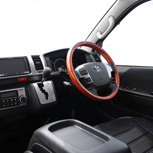 REAL ORIGINAL SERIES ALL WOOD ROUND SHAPE LIGHT BROWN WOOD STUDS BLACK EURO STITCH STEERING WHEEL FOR TOYOTA REGIUS ACE 200 : 4 TYPE OR KOUKI  J200-LBWM-BK