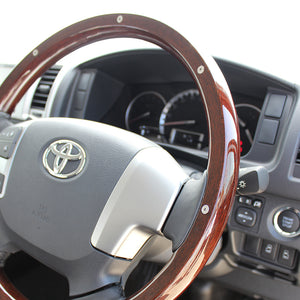 REAL ORIGINAL SERIES ALL WOOD ROUND SHAPE DARK BROWN WOOD STUDS BLACK EURO STITCH STEERING WHEEL FOR TOYOTA HIACE 200 : 4 TYPE OR KOUKI  J200-BRWM-BK