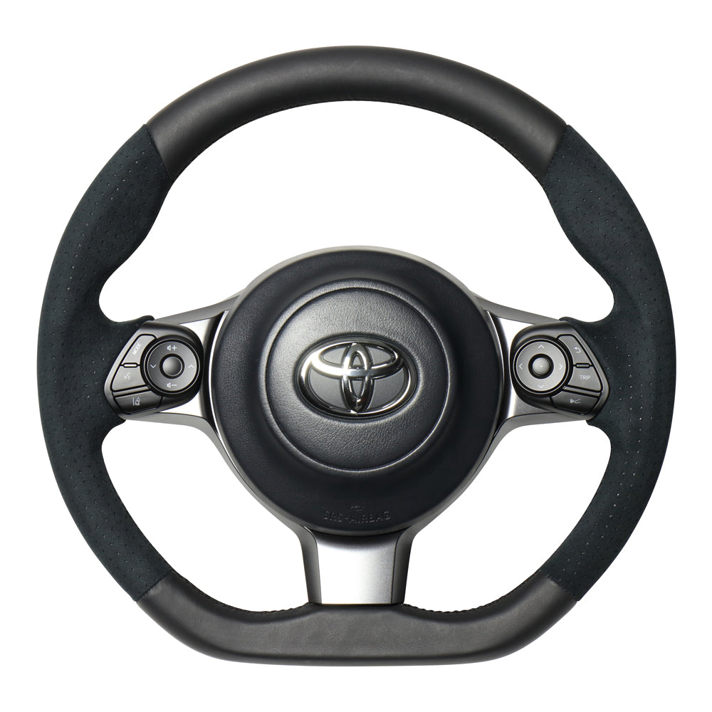 REAL ORIGINAL SERIES D SHAPE BLACK LEATHER & BLACK ULTRA SUEDE BLACK EURO STITCH STEERING WHEEL FOR TOYOTA GR86 ZN8  GR-ALC-BK