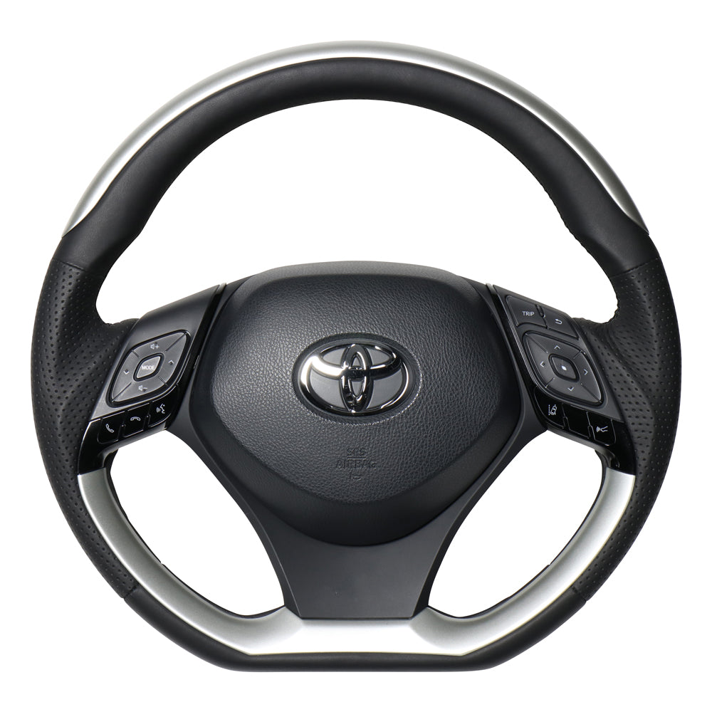 REAL ORIGINAL SERIES PLATE TYPE SILVER PLATE & SILVER PANEL BLACK EURO STITCH STEERING WHEEL FOR TOYOTA C-HR 10 50  X10N-SLP-SLP - Black Hawk Japan