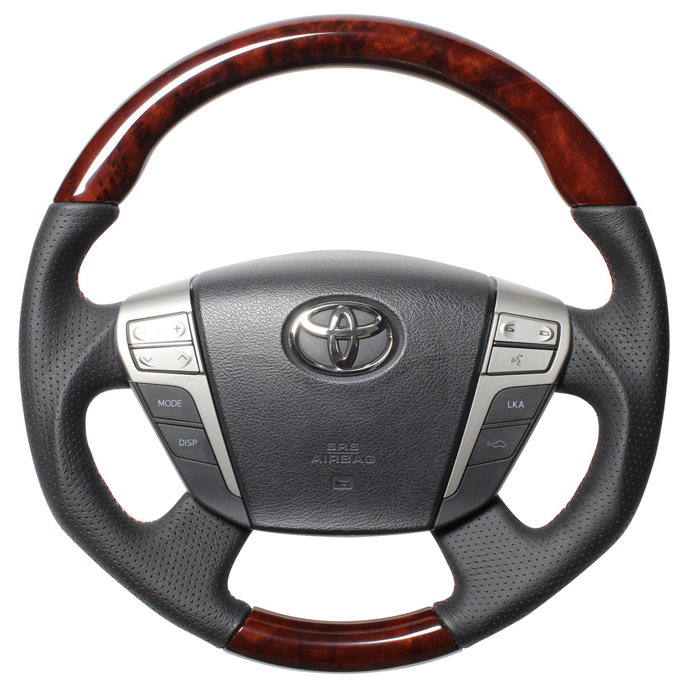 REAL ORIGINAL SERIES ROUND SHAPEDEEP BROWN WOOD BROWN EURO STITCH STEERING WHEEL FOR TOYOTA ALPHARD HYBRID 20  H20-RBW-BR - Black Hawk Japan