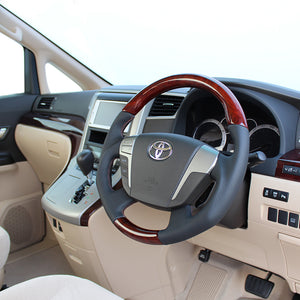 REAL ORIGINAL SERIES ROUND SHAPEDEEP BROWN WOOD BROWN EURO STITCH STEERING WHEEL FOR TOYOTA VELLFIRE 20  H20-RBW-BR