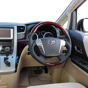 REAL ORIGINAL SERIES ROUND SHAPEDEEP BROWN WOOD BROWN EURO STITCH STEERING WHEEL FOR TOYOTA VELLFIRE HYBRID 20  H20-RBW-BR
