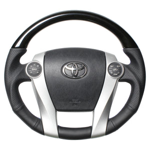 REAL PREMIUM SERIES OVAL SHAPE BLACK WOOD BLUE X SILVER EURO STITCH STEERING WHEEL FOR TOYOTA PRIUS PHV 30  30-BS-BKW