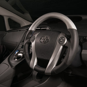 REAL PREMIUM SERIES OVAL SHAPE MATTE SILVER CARBON UNGLAZED BLUE X SILVER EURO STITCH STEERING WHEEL FOR TOYOTA PRIUS 30  30-BS-SLC