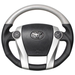 REAL PREMIUM SERIES OVAL SHAPE SILVER CARBON GLOSSY BLUE X SILVER EURO STITCH STEERING WHEEL FOR TOYOTA PRIUS PHV 30  30-BST-SLC