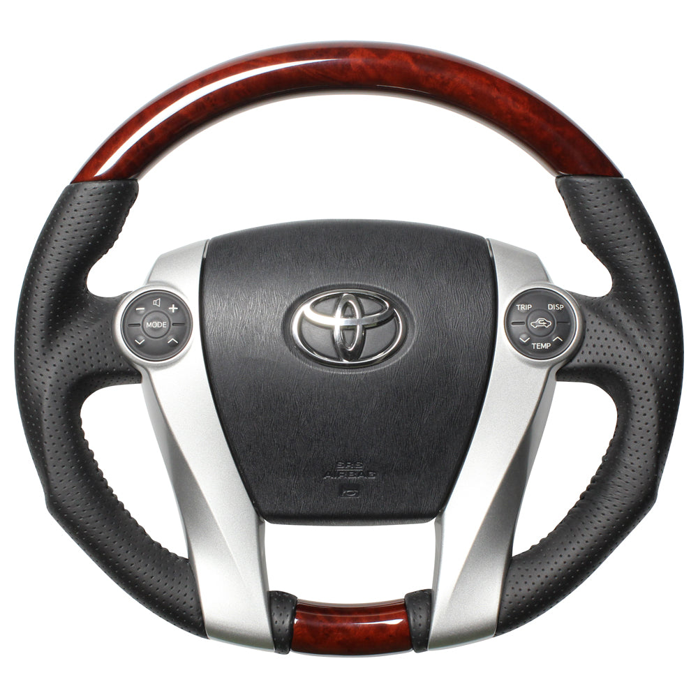 REAL ORIGINAL SERIES OVAL SHAPE BROWN WOOD BLACK STITCH STEERING WHEEL FOR TOYOTA PRIUS PHV 30  30-2-BRW