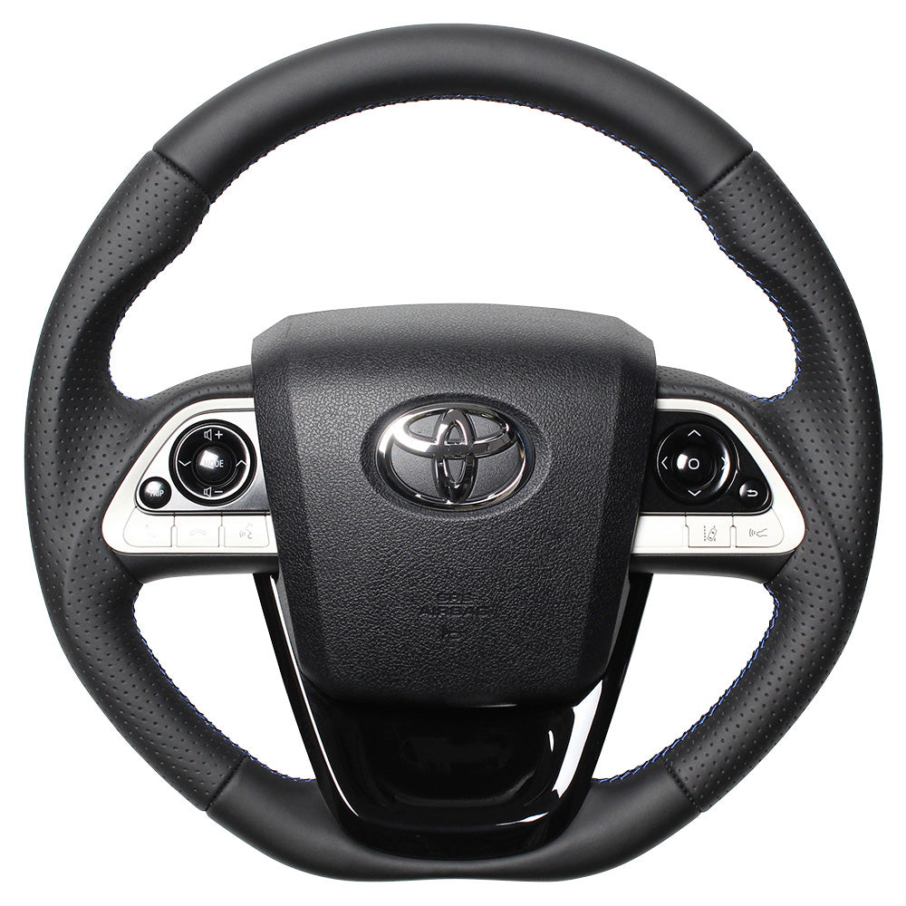 REAL PREMIUM SERIES SET BLACK NAPPA ALL LEATHER STEERING + PIANO BLACK UNDER PAD BLUE X BLACK EURO STITCH STEERING WHEEL FOR TOYOTA MIRAI 10  50P-LPB-BL-PBP