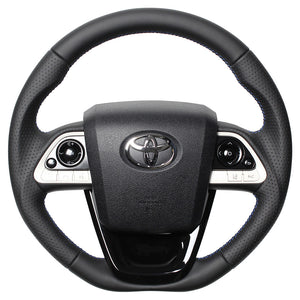 REAL PREMIUM SERIES SET BLACK NAPPA ALL LEATHER STEERING + PIANO BLACK UNDER PAD BLUE X BLACK EURO STITCH STEERING WHEEL FOR TOYOTA MIRAI 10  50P-LPB-BL-PBP