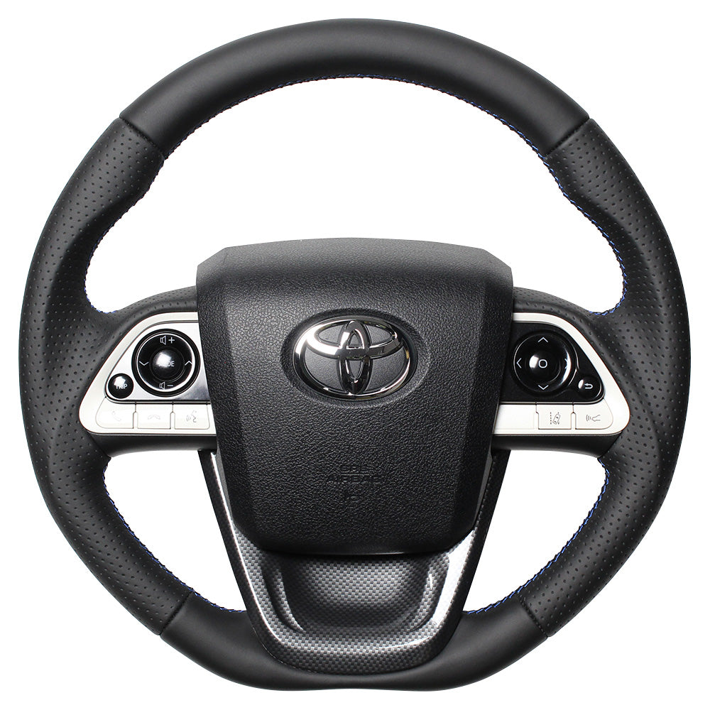 REAL PREMIUM SERIES SET BLACK NAPPA ALL LEATHER STEERING + BLACK CARBON PRINT UNDER PAD BLUE X BLACK EURO STITCH STEERING WHEEL FOR TOYOTA PRIUS PHV 50  50P-LPB-BL-BKT