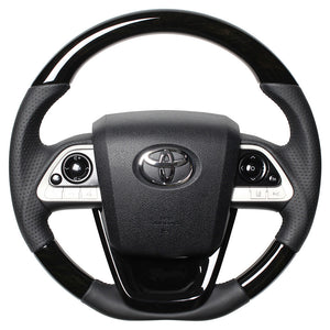 REAL PREMIUM SERIES SET BLACK WOOD STEERING + PIANO BLACK UNDER PAD BLACK EURO STITCH STEERING WHEEL FOR TOYOTA MIRAI 10  50P-BKW-BK-PBP