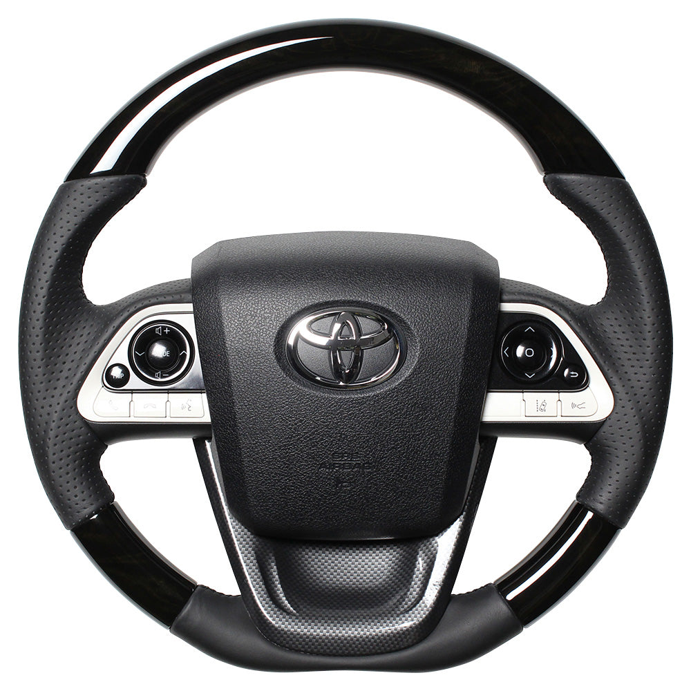 REAL PREMIUM SERIES SET BLACK WOOD STEERING + BLACK CARBON PRINT UNDER PAD BLACK EURO STITCH STEERING WHEEL FOR TOYOTA MIRAI 10  50P-BKW-BK-BKT
