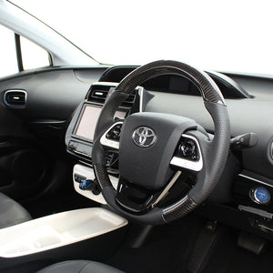 REAL PREMIUM SERIES SET BLACK CARBON STEERING + PIANO BLACK UNDER PAD BLACK EURO STITCH STEERING WHEEL FOR TOYOTA PRIUS 50  50P-BKC-BK-PBP