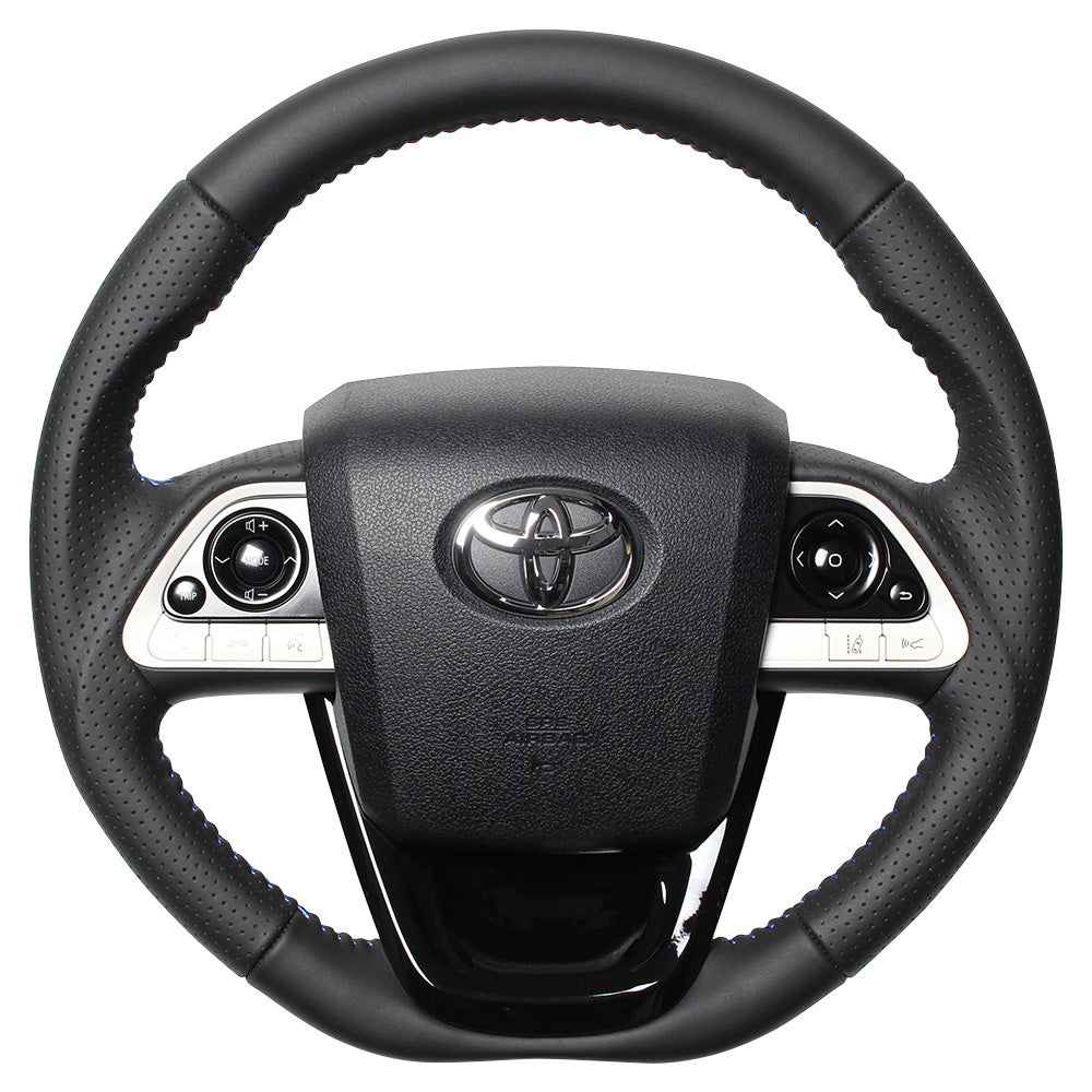 REAL ORIGINAL SERIES SET ALL LEATHER STEERING + PIANO BLACK UNDER PAD BLUE STITCH STEERING WHEEL FOR TOYOTA MIRAI 10  50-LPB-BL-PBP