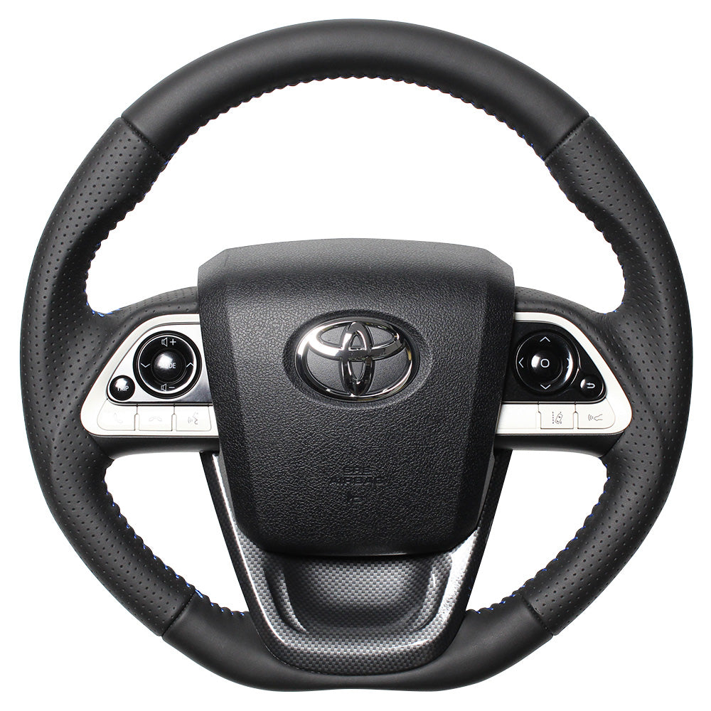 REAL ORIGINAL SERIES SET ALL LEATHER STEERING + BLACK CARBON PRINT UNDER PAD BLUE STITCH STEERING WHEEL FOR TOYOTA MIRAI 10  50-LPB-BL-BKT
